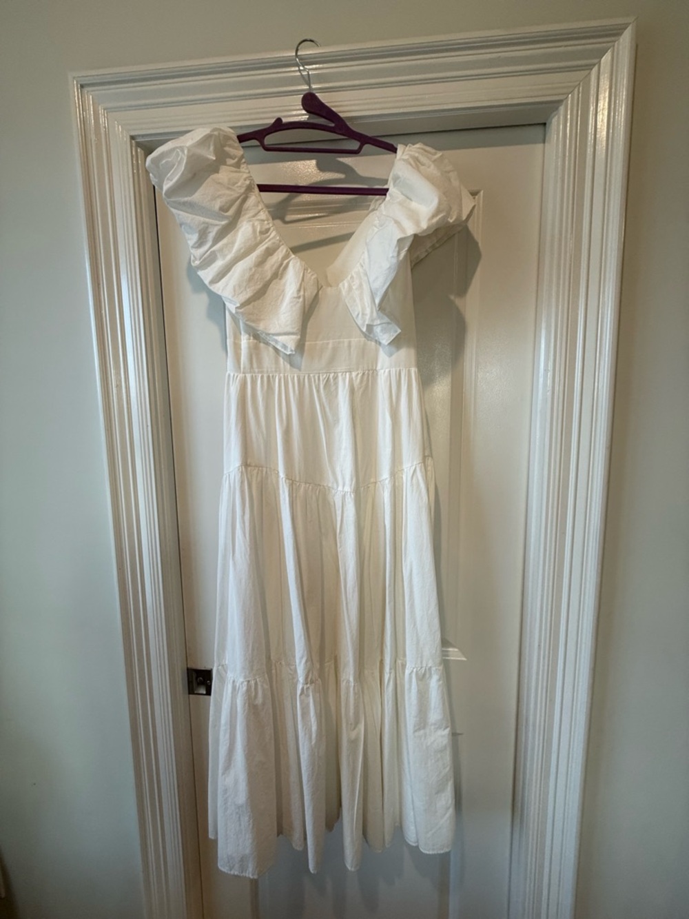 White Ruffled V-Neck Tiered Maxi Dress with Statement Shoulders